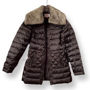 Laundry By Shelli Segal Dark Gray Quilted Puffer Coat With Detachable Faux Fur